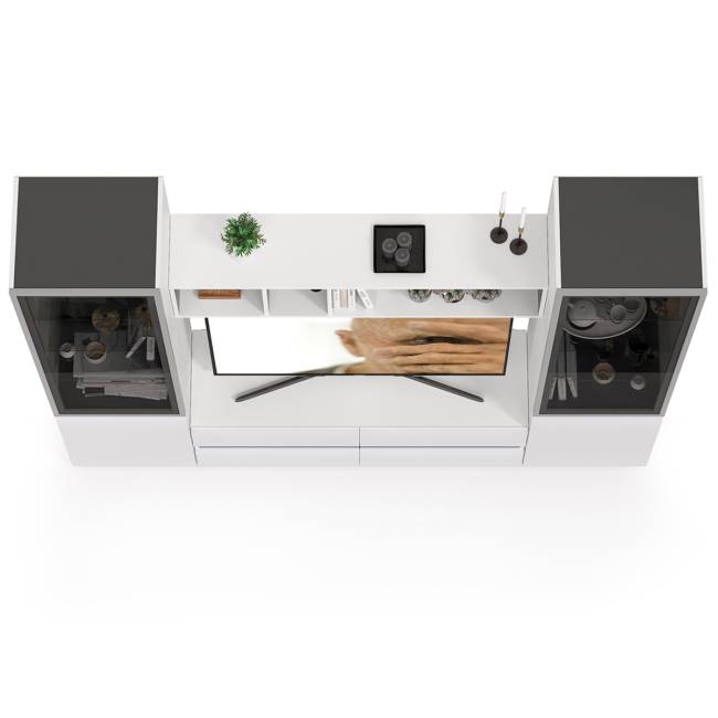 Стенка для гостиной со стеклянными фасадами Сидней цвет белый/чёрный/фасады МДФ белый глянец Стенка для гостиной со стеклянными фасадами Сидней цвет белый/чёрный/фасады МДФ белый глянец