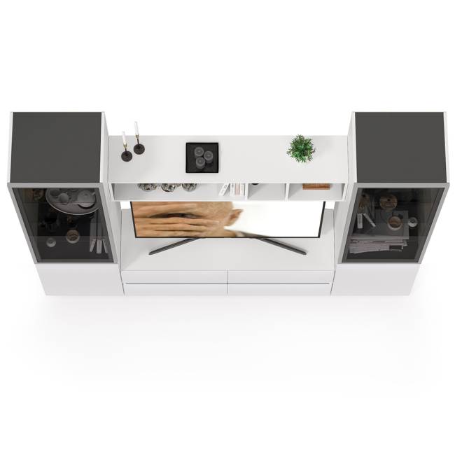 Стенка для гостиной со стеклянными фасадами Сидней цвет белый/чёрный/фасады МДФ белый глянец Стенка для гостиной со стеклянными фасадами Сидней цвет белый/чёрный/фасады МДФ белый глянец